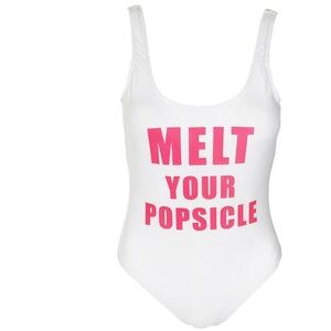 White one piece bathing suit pink lettering melt your popsicle medium padded
